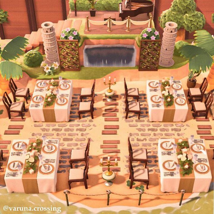 A screenshot of a fancy outdoor dining area in Animal Crossing New Horizons