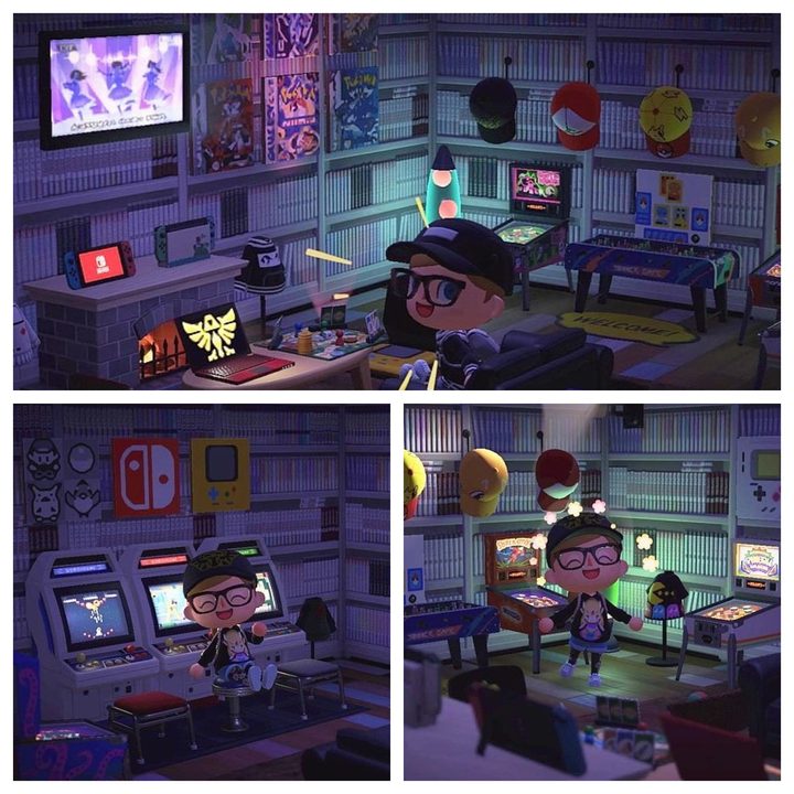 A montage of images showing an Animal Crossing character sitting in a room full of games, arcade cabinets, and consoles