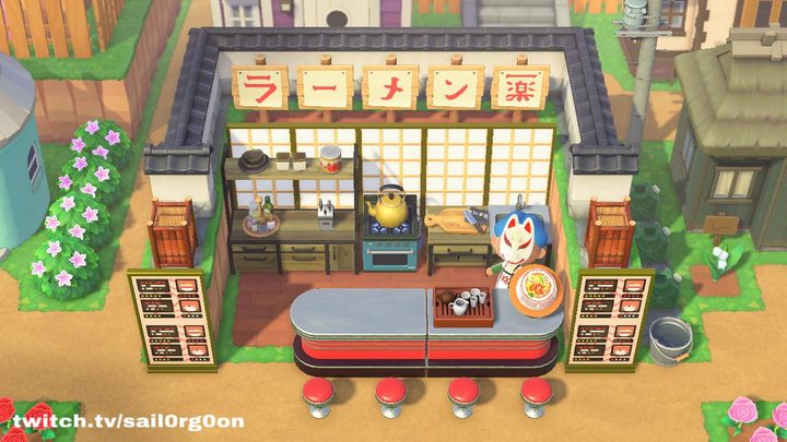 Depicts an outdoor restaurant with stools, cooking tools, Japanese kanji and a character with a fox mask