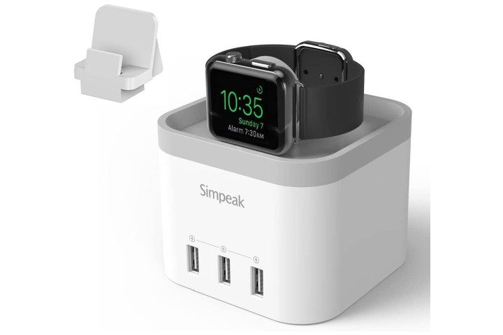 Simpeak charging stand for Apple Watch with 4 USB ports on the front and a black Apple Watch charging on the top