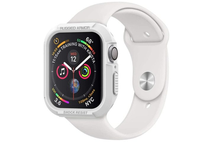 Photo shows an Apple Watch in a white Spigen Rugged Armor Case
