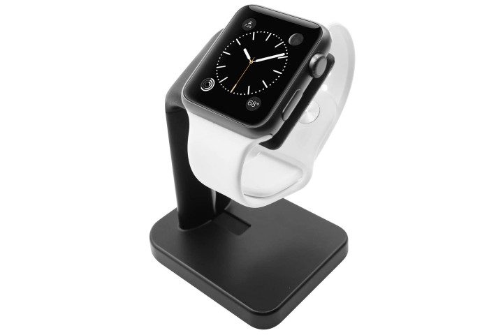 Photo shows an Apple Watch on a black aluminum stand