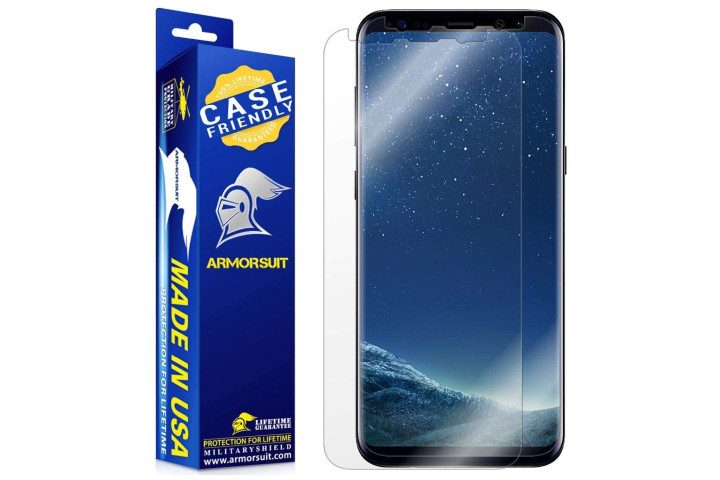 Photo shows the Samsung Galaxy S8 phone with an Armorsuit Military Shield screen protector and the packaging for it, which is blue and yellow
