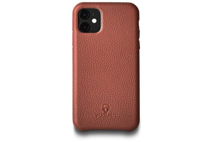 Photo shows the rear of an iPhone 11 Pro in a brown leather Woolnut case