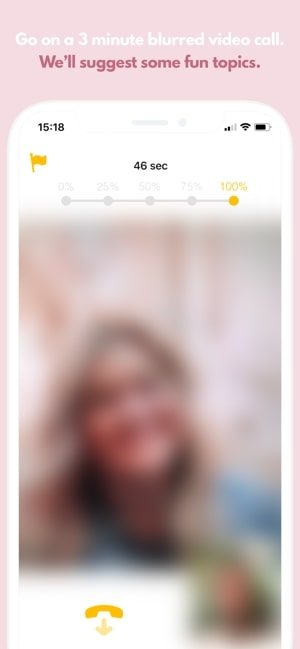 Screenshot of the Blindly app showing a blurred out woman on a video call and text saying Go on a 3-minute blurred video call. We'll suggest some fun topics