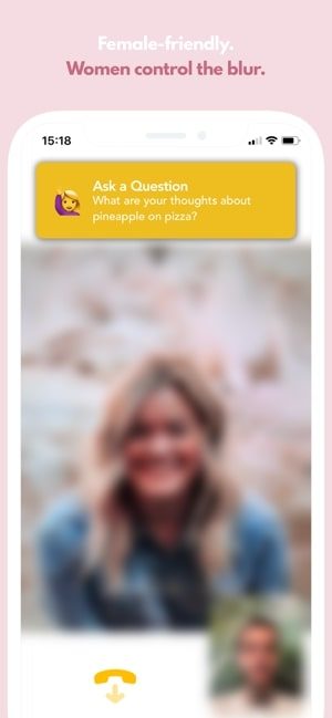 Screenshot of the Blindlee app showing a blurred out woman and text saying female-friendly, women control the blur