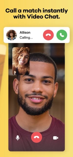 Screenshot of the Bumble app with text at the top saying Call a match instantly with video chat. Beneath is a phone screen showing a video chat between two people