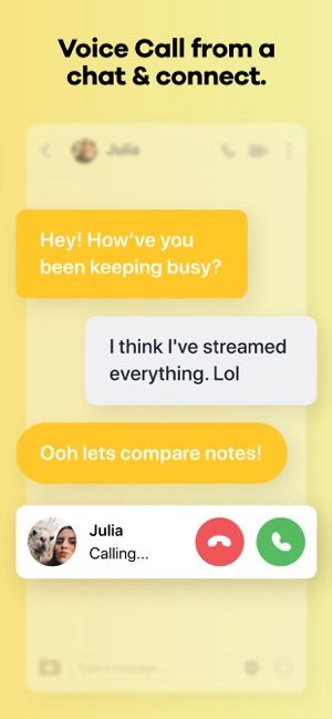 Screenshot of the Bumble app with text at the top saying Voice call from a chat and connect, with a picture of a chat below and the option to start a voice call