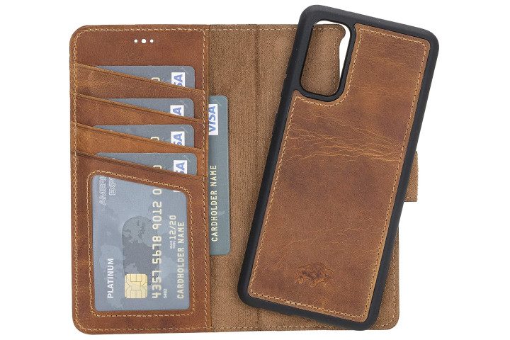 Photo shows the Burkley Carson Magnetic Detachable Wallet case in Antique Golden Brown leather