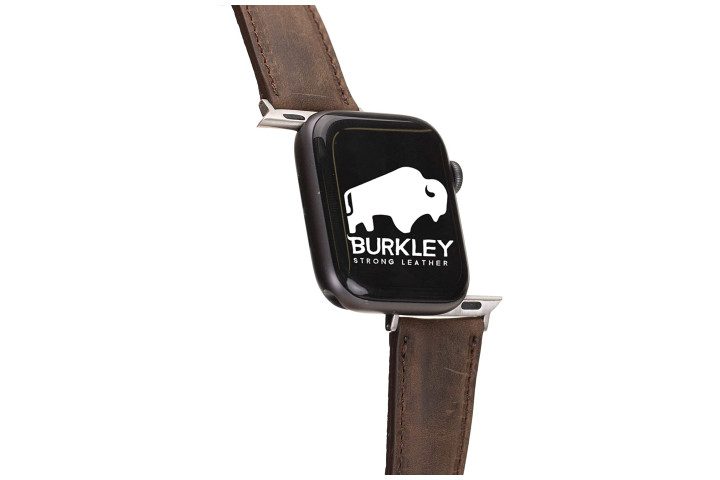 Photo shows an Apple Watch and a Burkley brown leather strap