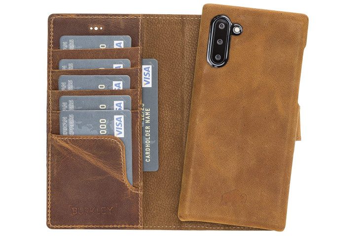 Photo shows a Samsung Galaxy Note 10 phone in a golden brown leather wallet case from Burkley
