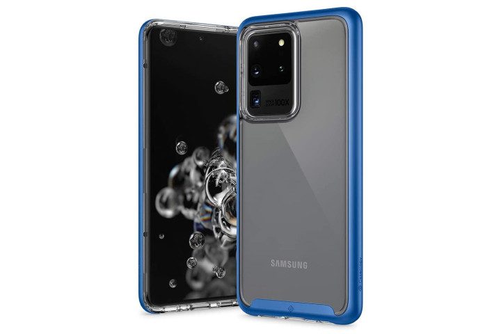 Photo shows the front and back view of a blue Skyfall case from Caseology on a Samsung Galaxy S20 Ultra phone