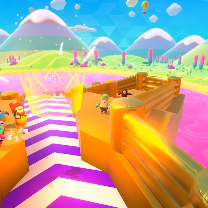 A bright gold inflatable obsticle course.