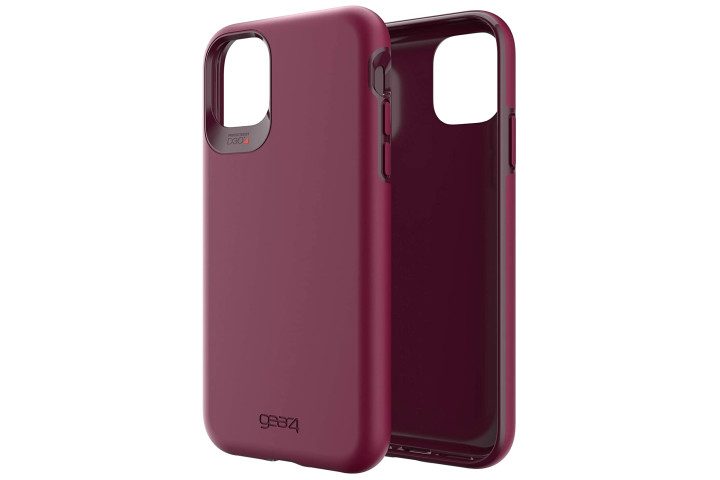 Photo shows the front and back of a Gear 4 Holborn case for iPhone 11 - it is a burgundy color