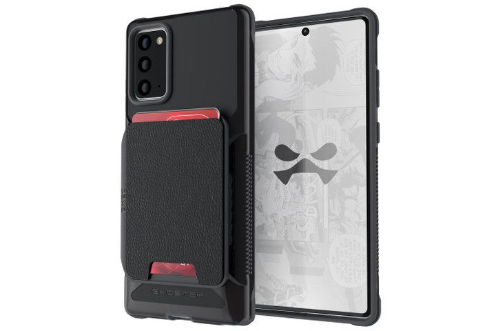 Photo shows the front and back view of a Samsung Galaxy Note 20 in a black Ghostek Exec 4 Wallet Case with credit cards