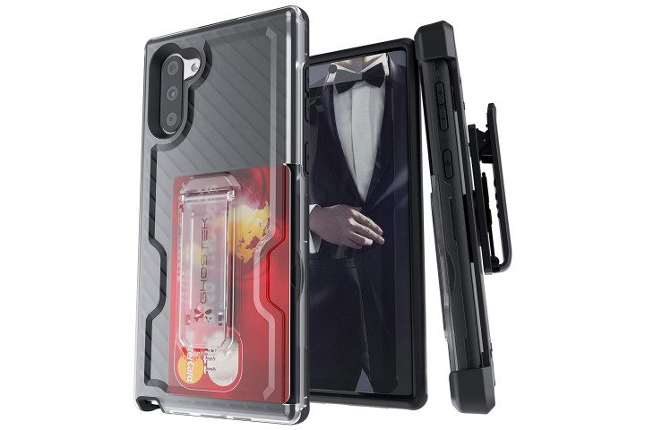 Photo shows the front, back, and side view of a Note 10 phone in a Ghostek Iron Armor 3 case