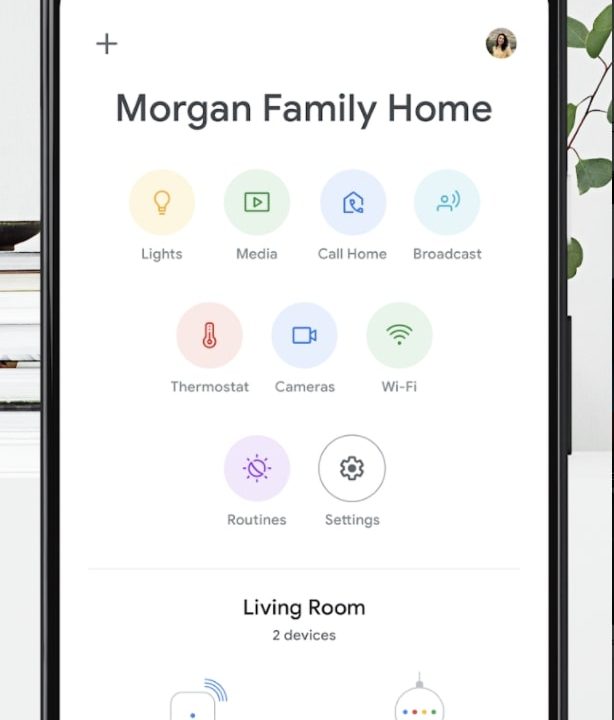The current design of the Google Home app on an Android device.