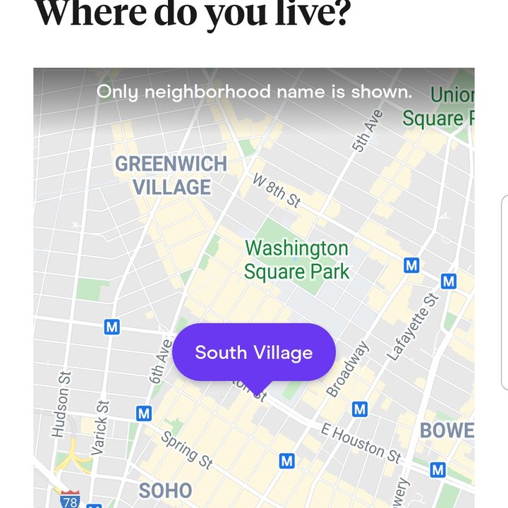 Picture shows a screenshot of the Hinge app with text saying "Where do you live?" and an interactive map underneath where you can select your location