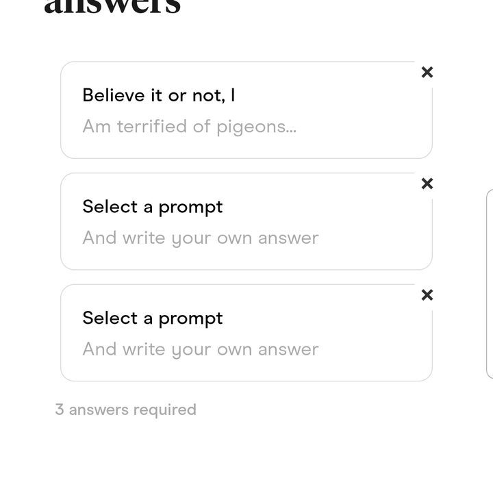 Picture shows a screenshot of the Hinge app with text saying "Write your profile answers" and beneath this, three prompts that you can choose to fill out