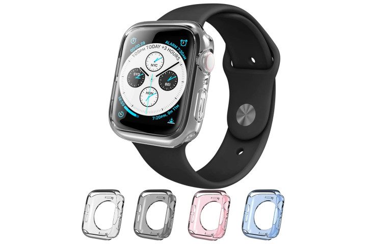 Photo shows an Apple Watch in an i-Blason case with four different case color combinations