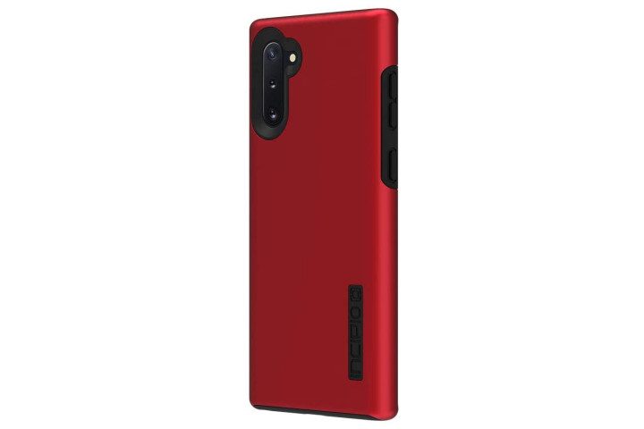 Photo shows a Samsung Galaxy Note 10 phone in a red and black Incipio Pro case