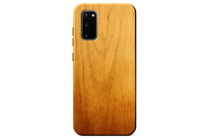 Photo shows a Samsung Galaxy S20 phone in a wood case by Kerf