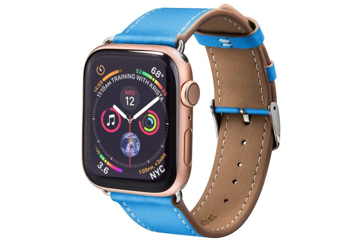 Photo shows an Apple Watch on a bright blue leather strap