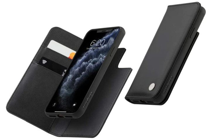 Photo shows the front view and inside view of a black Moshi Overture case with an iPhone 11 Pro inside
