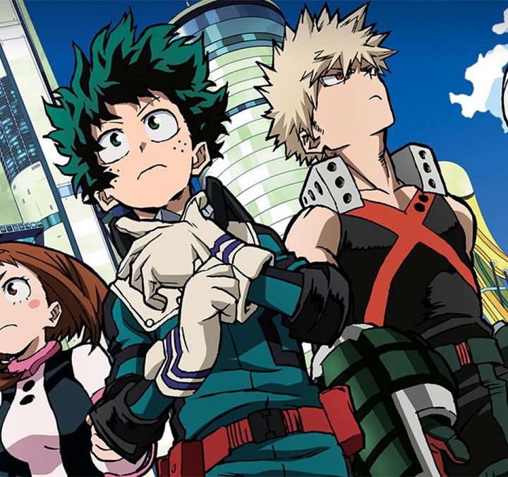 A group of heroes stand next to each other in My Hero Acadamia.