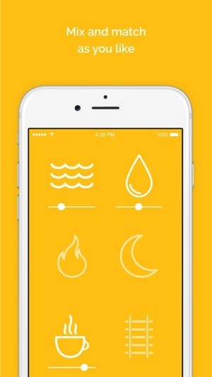 Screenshot of Noisli app with a picture of an iPhone screen on a yellow background and text saying "Mix and match as you like"