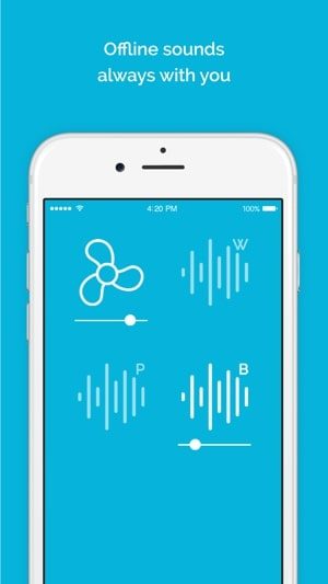 Screenshot of the Noisli app with a picture of an iPhone screen on a blue background, with text saying "Offline sounds always with you"