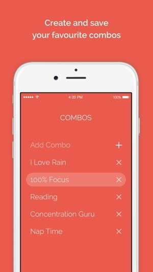 Screenshot of the Noisli app with a picture of a iPhone screen on a red background, and a list of available sound combos, with text that says "Create and save your favourite combos"
