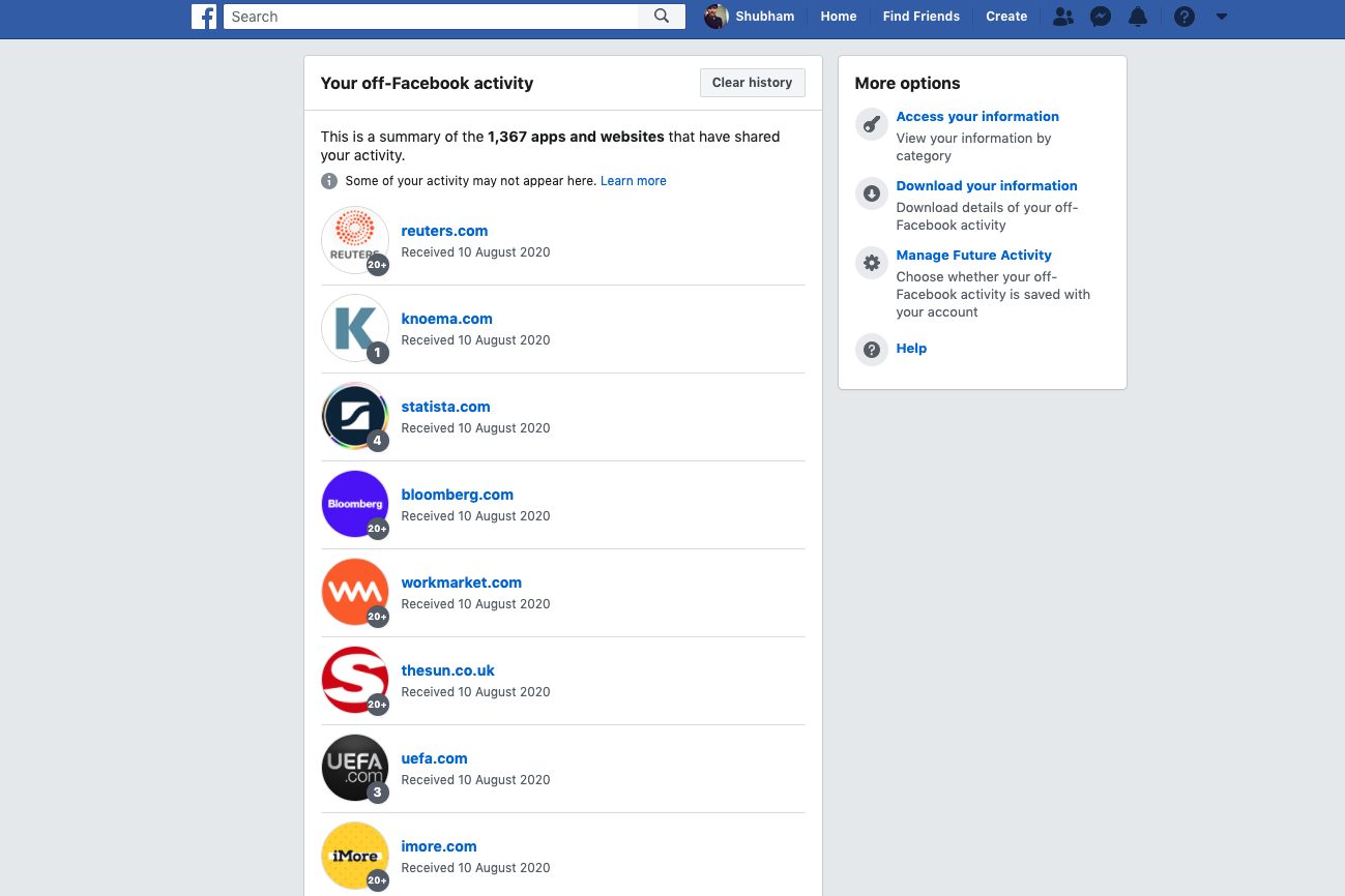 Off Facebook activity list