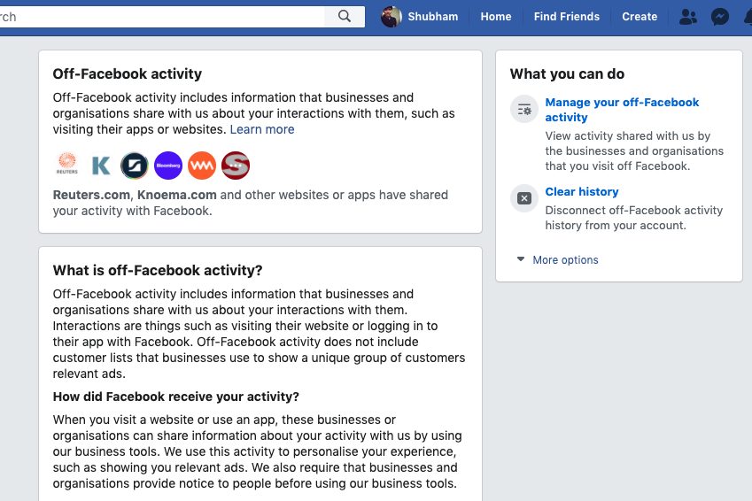 Off Facebook activity tool