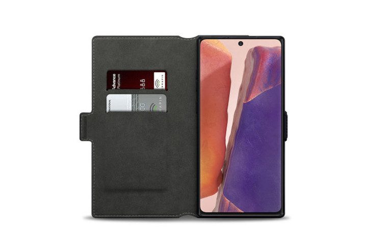 Photo shows the inside view of a black Olixar genuine leather wallet holding bank cards and a Samsung Galaxy Note 20 phone
