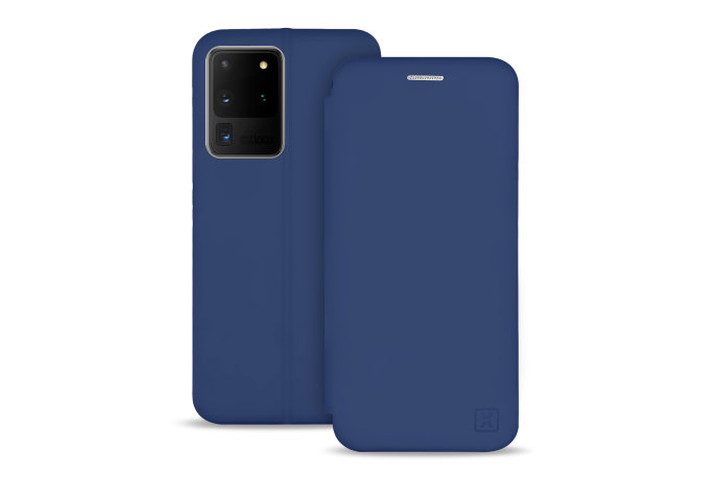 Photo shows the front and rear view of a navy blue Olixar soft silicone wallet case for the Samsung S20 Ultra