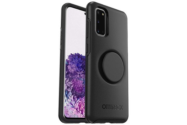Picture shows the Samsung Galaxy S20 phone, front and back view, in a black OtterBox Otter + Pop Symmetry Case