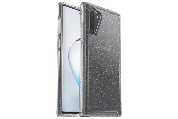 Photo shows the front and back of a Samsung Galaxy Note 10 phone in a clear glitter case from Otterbox