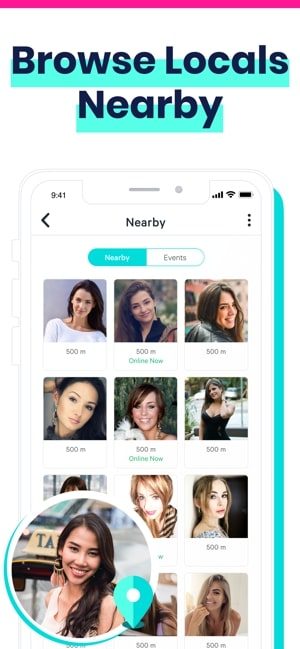 Image shows a screenshot of the Plenty of Fish iOS app with photos of various users and text saying browse locals nearby