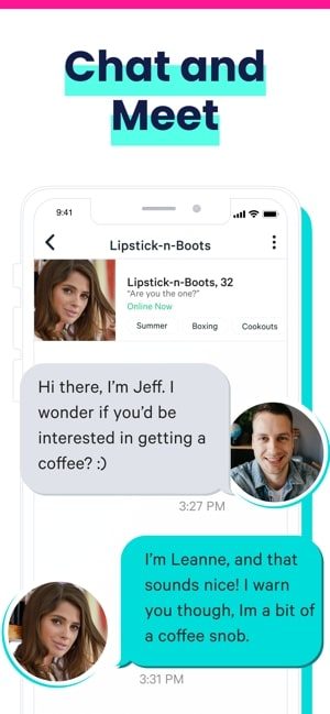 Image shows a screenshot of the Plenty of Fish iOS app, with a conversation taking place between two people and text saying chat and meet