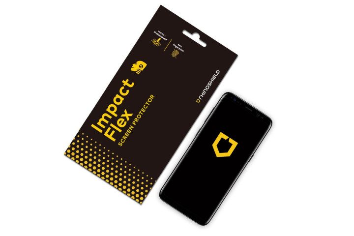 Photo shows the Samsung Galaxy S8 with a Rhinoshield Impact Flex screen protector, and a black and yellow box next to it
