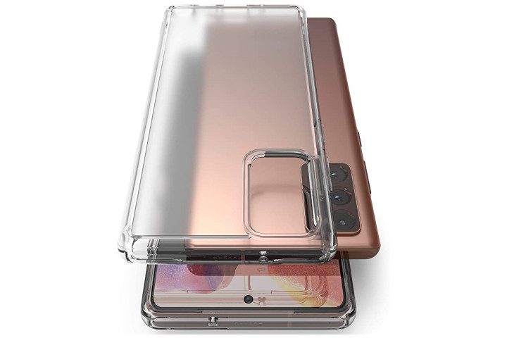 Photo shows the Samsung Galaxy Note 20 in Mystic Bronze with a clear Fusion case from Ringke