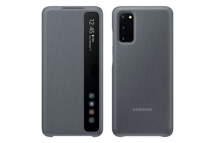 Photo shows the front and back of a Samsung Galaxy S20 in a grey Samsung Clear View Case