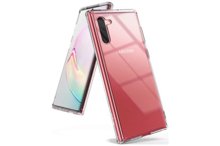 Photo shows the front and back of a Samsung Galaxy Note 10 phone in a clear Ringke Fusion case