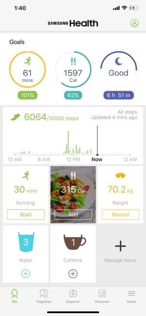 Screenshot of the Samsung Health iOS app showing the homepage of the app with tracking information
