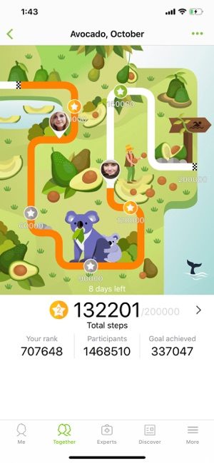 Screenshot of the Samsung Health iOS app showing total steps and your rank