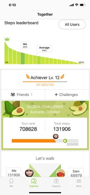 Screenshot of the Samsung Health iOS app showing your score on the steps leaderboard