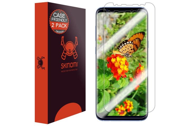 Photo shows the Samsung Galaxy S8 Plus phone with a Skinomi Techskin screen protector and a red and black packaging box