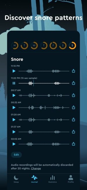 Screenshot of the Sleep Cycle app showing how to discover snore patterns