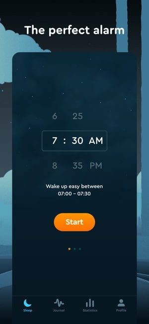 Screenshot of the Sleep Cycle app showing an alarm clock and text that says "The perfect alarm"